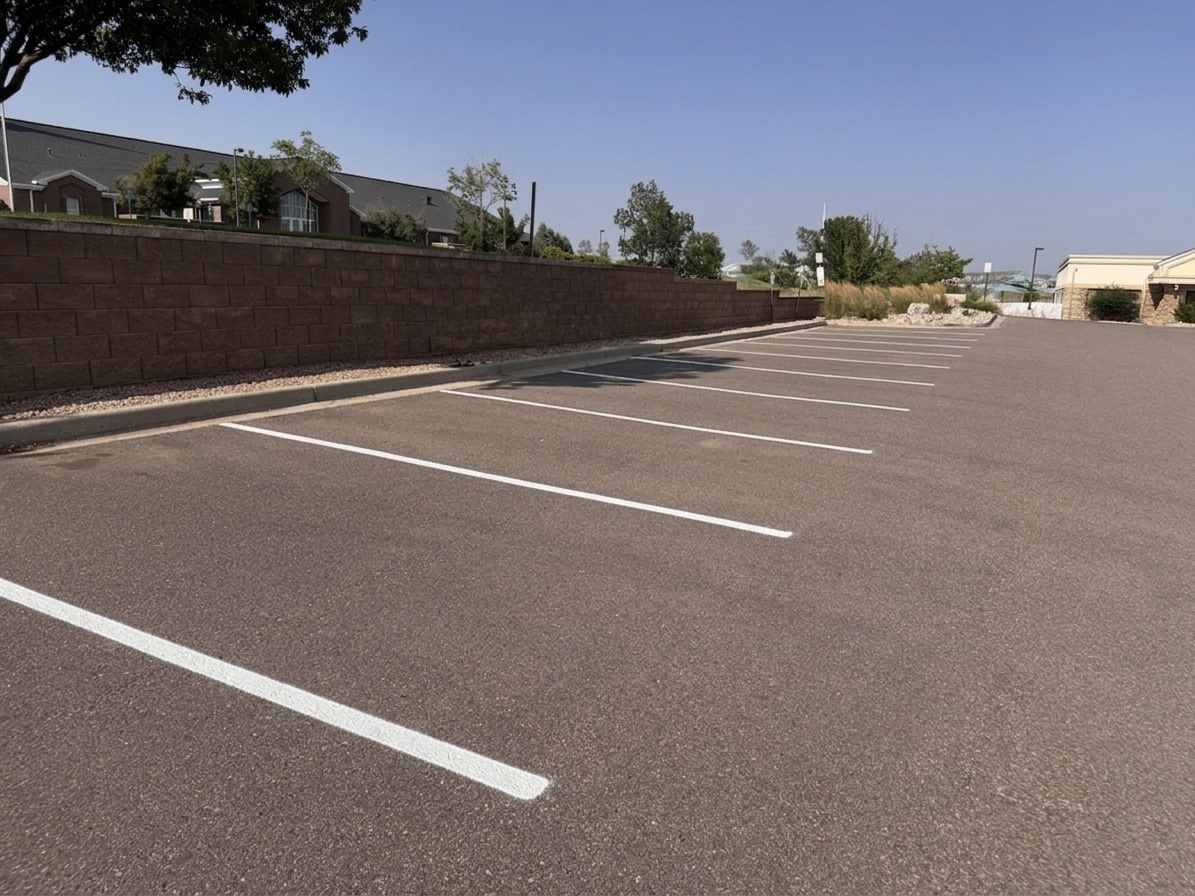 Fresh white parking stall lines restriped on an asphalt lot along a block retaining wall