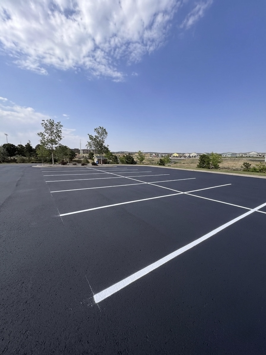 Freshly sealcoated black parking lot with new white parking stall lines under a blue sky