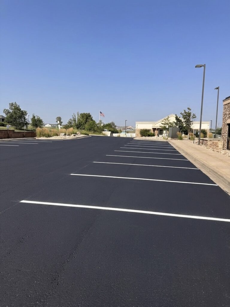 Newly sealcoated commercial parking lot with crisp white stall striping leading to a building