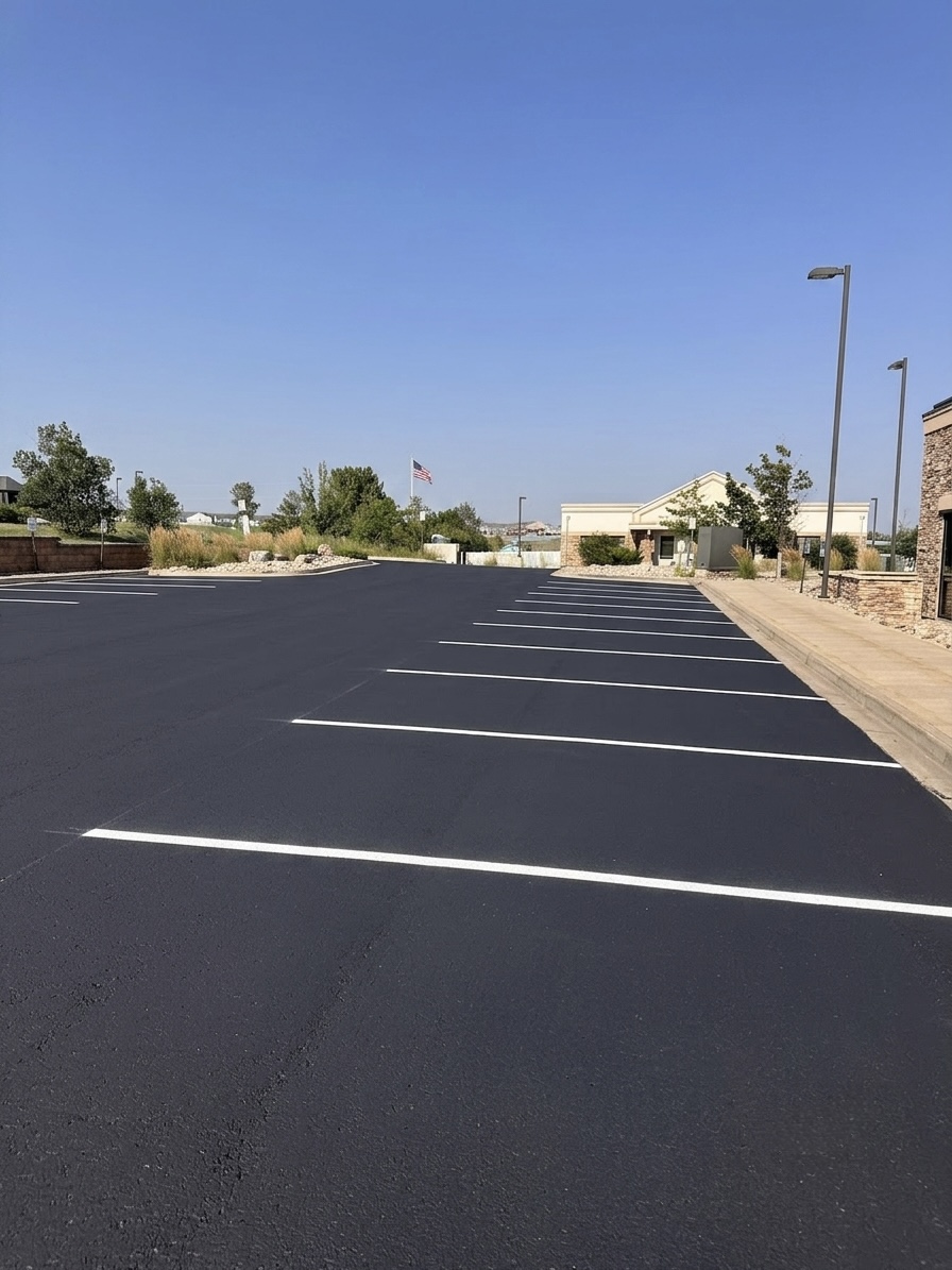 Newly sealcoated commercial parking lot with crisp white stall striping leading to a building