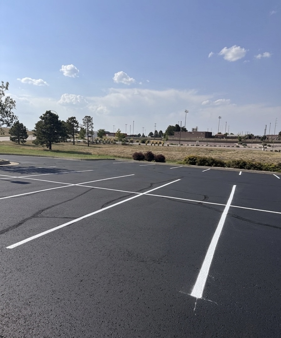 Fresh sealcoat and new white parking lines over previously sealed cracks in an asphalt lot