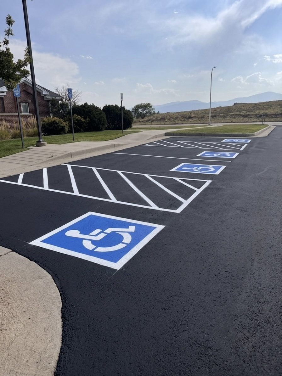 Freshly sealcoated parking lot with new blue ADA handicap symbols and striped access aisles