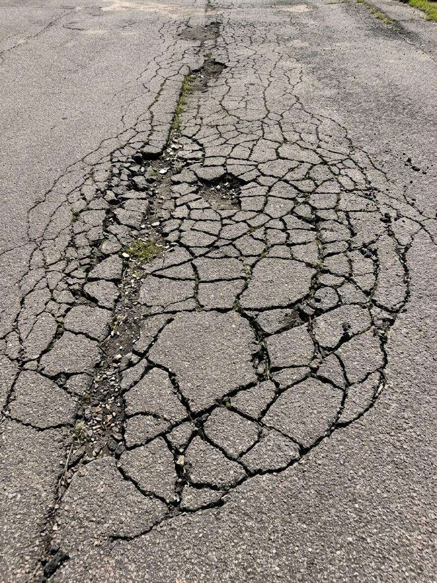 Severe alligator cracking in asphalt pavement caused by base failur