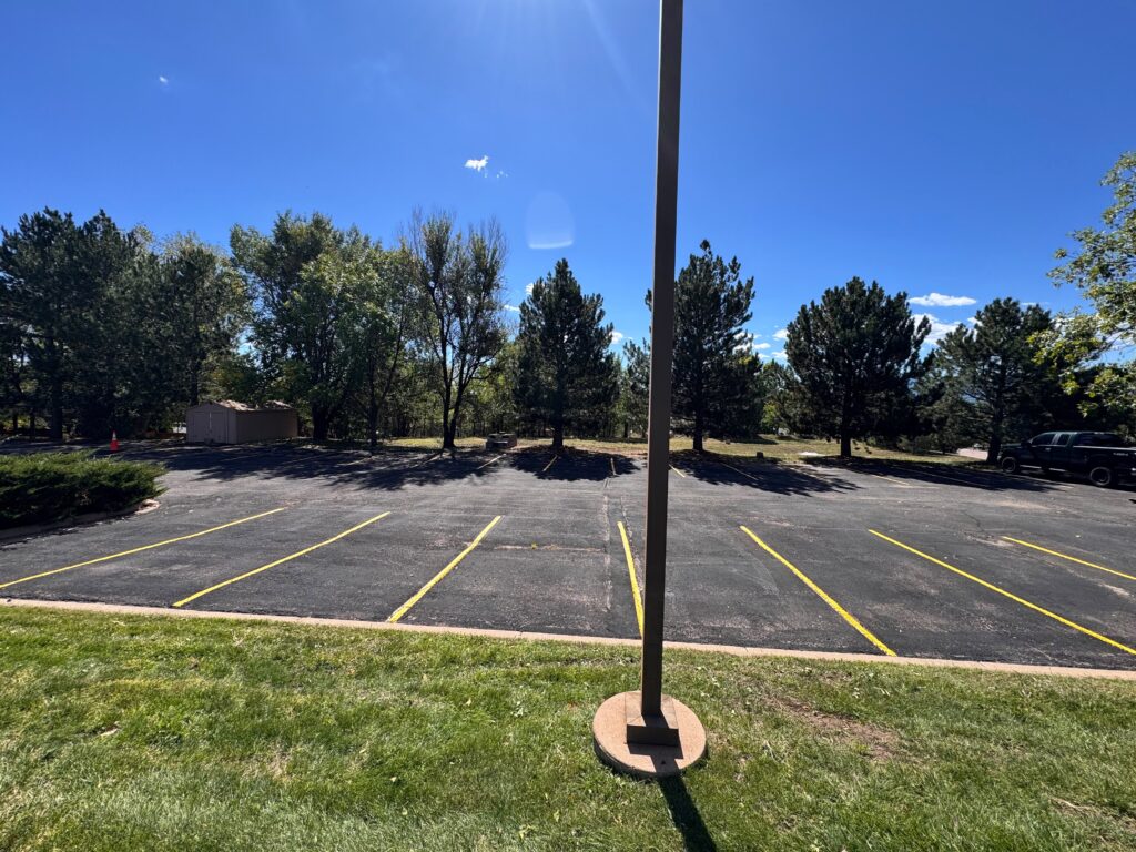 Freshly painted yellow parking stall lines in a tree-lined parking lot
